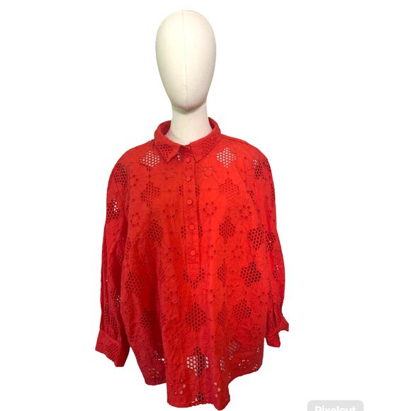 J.Crew Plus Eyelet Button-Up Shirt 2X | Red Floral Embroidered Cotton Blouse - Picture 2 of 6